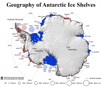 Map of Antarctica pointing out locations of ice shelves retreat and growth