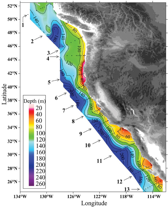 Depth of aragonite saturation horizon