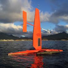 A Saildrone departs Dutch Harbor, AK in 2016 on it's way to test sensors on this platform for multi-disciplinary science